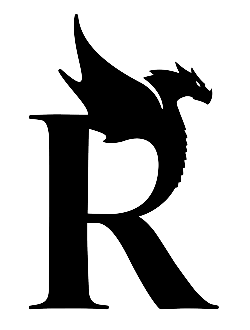 black letter R with sea dragon morphing from it