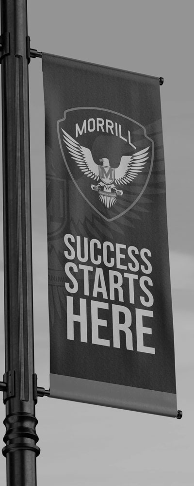 black and white image of school street banner